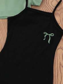 女童蝴蝶结印花短袖连衣裙，带吊带裙 - 綠色 - 查看 4