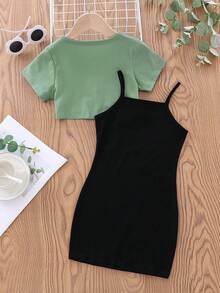Toddler Letter Print Short Sleeve Top And Cami Dress Set - Green - View 2