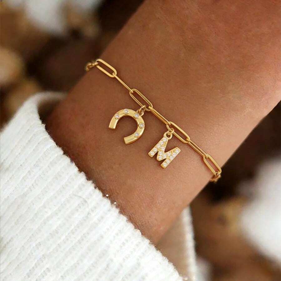 1件复古时尚马蹄形吊坠不锈钢回形针链手链，女士款 - 金黃色 - 查看 1