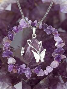 1/2 件紫水晶宝石首饰套装 - 奢华项链、六角形紫水晶项链和活力手链套装、原始水晶手工制作的珠子 - 男女皆宜的精神瑜伽服饰、精美的疗愈水晶礼物 - 彩色 - 查看 6