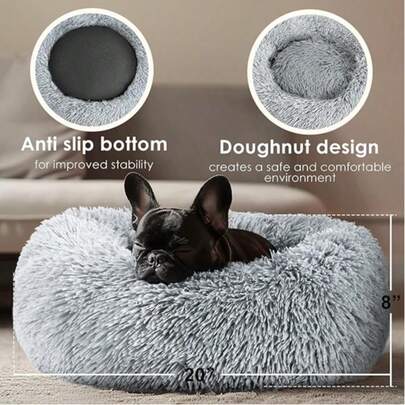 1 pieza Cama para gatos y perros de interior de 20 pulgadas, cama acogedora tipo dona, cama redonda esponjosa lavable para perros y gatos pequeños/medianos (Gris claro)