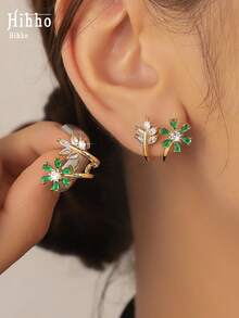 Hihho 2件套时尚闪亮锆石花叶耳钉，优雅礼物，适合女孩约会之夜 - 金黃色 - 查看 2