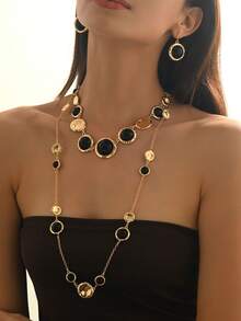 3件套时尚几何不对称圆形金属镶嵌黑色亚克力吊坠项链套装，含链条和流苏耳环，适合日常佩戴和派对场合。 - 金黃色+黑色 - 查看 6