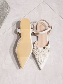 Giày Mary Jane mũi nhọn đính pha lê và nơ thời trang mới dành cho nữ, sandal quai ngang cổ chân kiểu dáng thường ngày. - trắng - Xem 6