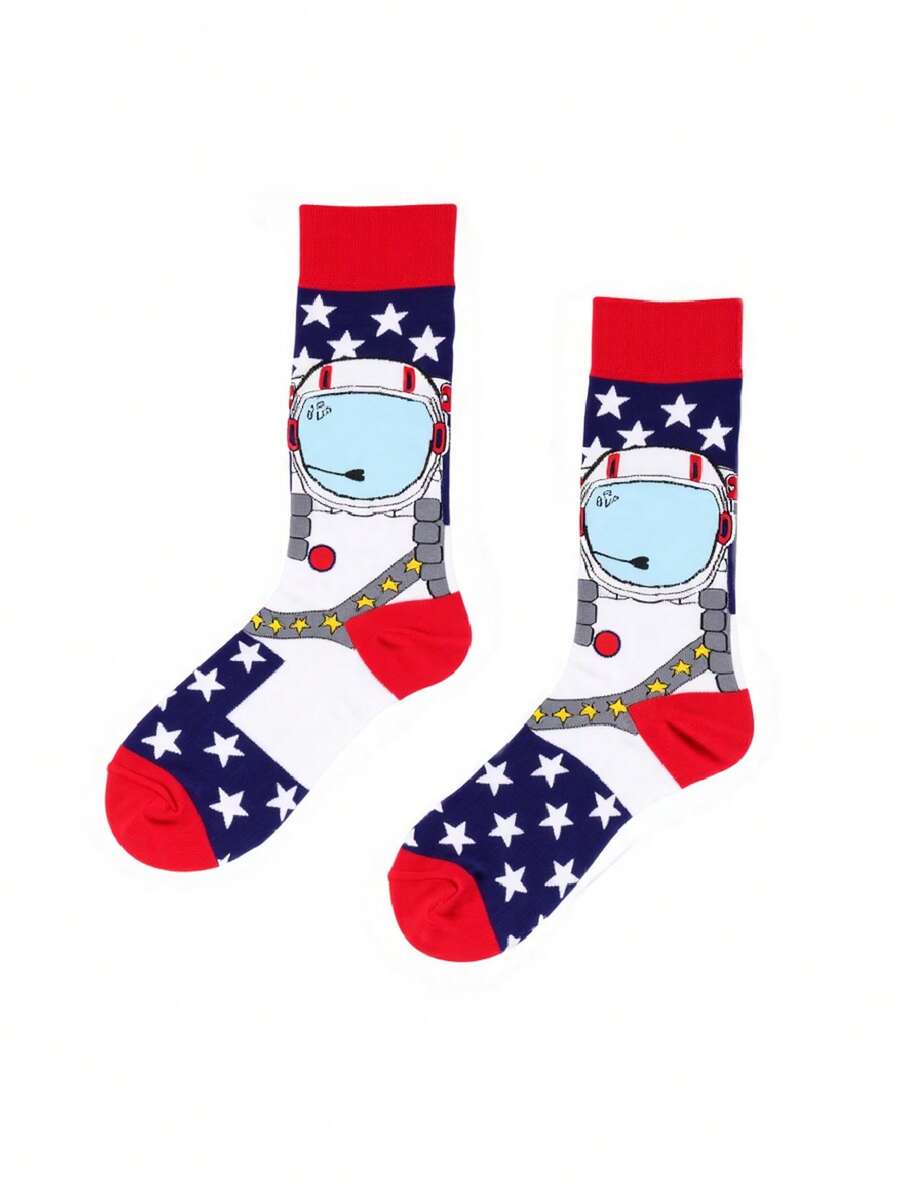 1双男女通用红白蓝星宇航员印花透气爱国中筒袜，适合日常穿着和7月4日主题服装，四季皆宜。 - 彩色 - 查看 1