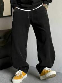 1条男士灯芯绒抽绳阔腿休闲运动裤，适合户外活动 - 黑色 - 查看 10