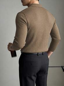 Men's Solid Color Ribbed Vertical Ribbed Knit Sweater, Simple And Versatile Long Sleeve Top - Brown - View 2