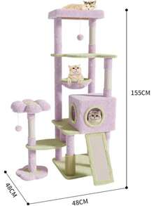 FINYQBET Árbol para Gatos, 155 cm de Altura, 8 Niveles con Cueva, Hamacas, Rascador de Sisal y Forro Polar Suave, Diseño Flor, 2 Pompones, Torre de Juego para Gatos Grandes y Múltiples Mascotas - 1 - Ver 2