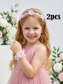 2pcs/Set Pink Rose Flower Crown + Flower Bracelet Set, For Girls, Ice & Snow Themed Wedding, Bridal, Party, Photo Booth Props, Wedding Decor, Flower Crown, Wrist Flower, Valentine's Day Gift, Parent-Child - Pink - View 9