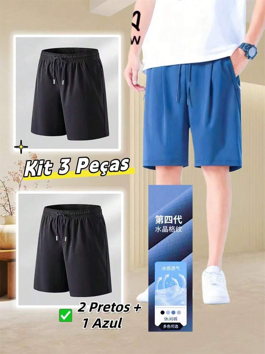 Kit Of 3 Men's Bermuda Shorts, Imported Polyamide, Cool Silk Finish, Casual, Quick-Drying. - Màu xanh bụi bặm - Xem 1