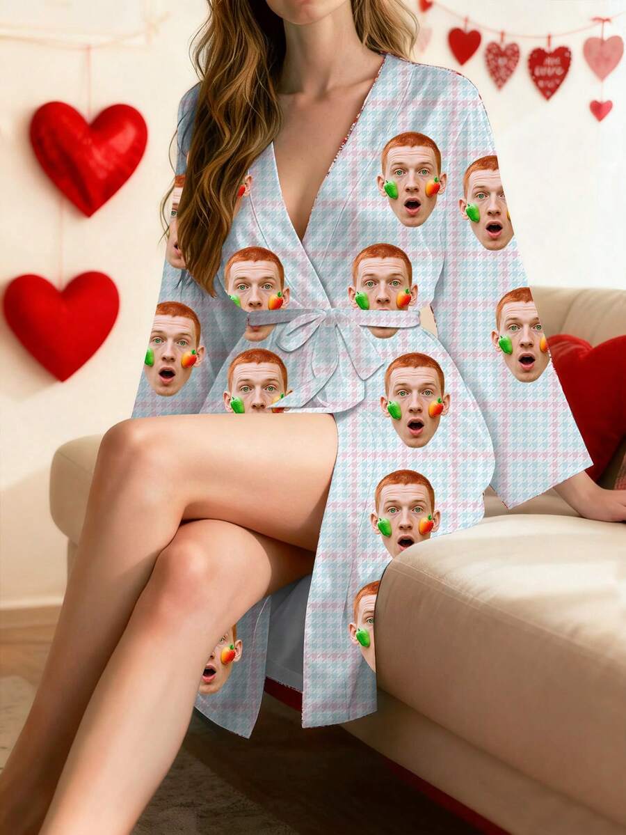 Customized Women's Robe, Can Print Funny Face Photos, Couple Avatars, Machine Washable All-Season Sleepwear And Bathrobe, Matching Couple Set, Personalized Long Sleeve Long Robe, Ideal Gift For Family, Friends On Anniversary, Unique Anniversary, Birthday, Valentine's Day - Baby Blue - View 1