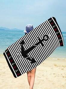1条时尚简约黑色条纹沙滩巾，印有锚和海洋图案，速干吸水，适合旅行、露营、游泳池、瑜伽、健身、淋浴，必备沙滩度假用品（单面花卉印花，多种颜色可选） - 黑色條紋 - 查看 6