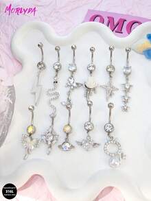 Morlyda 5件套可爱甜美粉色钢制蝴蝶、爱心、花朵肚脐环，不锈钢蛇形十字肚脐环，亚克力星星吊坠肚脐环，闪电肚脐环，猫咪肚脐环，适合女性和女孩，可用于情人节、圣诞节、日常佩戴、派对、度假、聚会等场合。 - 粉色 - 查看 3