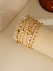 6-częściowa elegancka bransoletka z cyrkonii sześciennej z czterolistną koniczyną i podwójnym pierścieniem, wielowarstwowa, koraliki CCB w kolorze złotym, modna biżuteria damska, odpowiednia do noszenia na co dzień, idealny prezent dla niej - Żółte złoto - Zobacz 2