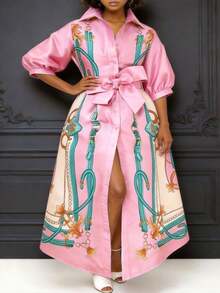 GLOURI Women's Pink Equestrian Print Maxi Shirt Dress - Button-Front & Puff Elbow Sleeve & Self-Tie Waist & High Slit Detail | Chic Bold Fit For Tropical Vacation Trips, Weekend Shopping Sprees For Effortlessly Glamorous Stylish Looks - 粉色 - 查看 2