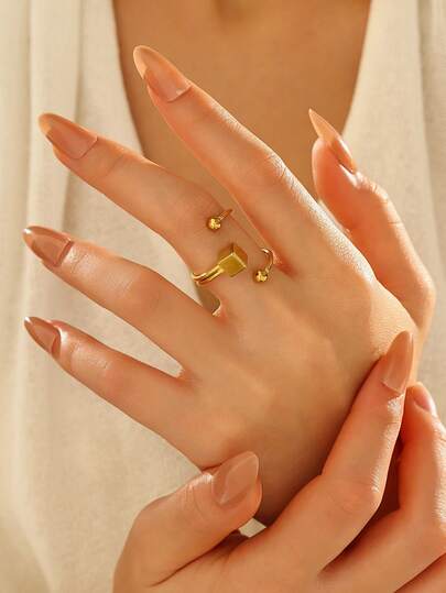1pc 18k Gold Plated Stainless Steel Square & Ball Open Ring, Fashionable & Versatile, Suitable For Women's Daily Decoration Or Gift