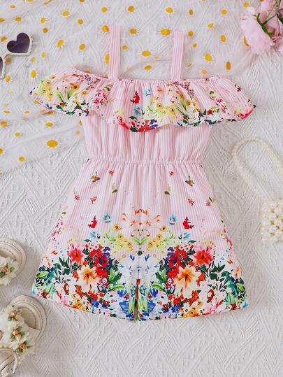 Young Girls' Summer Ruffled Striped Print Sleeveless Romper