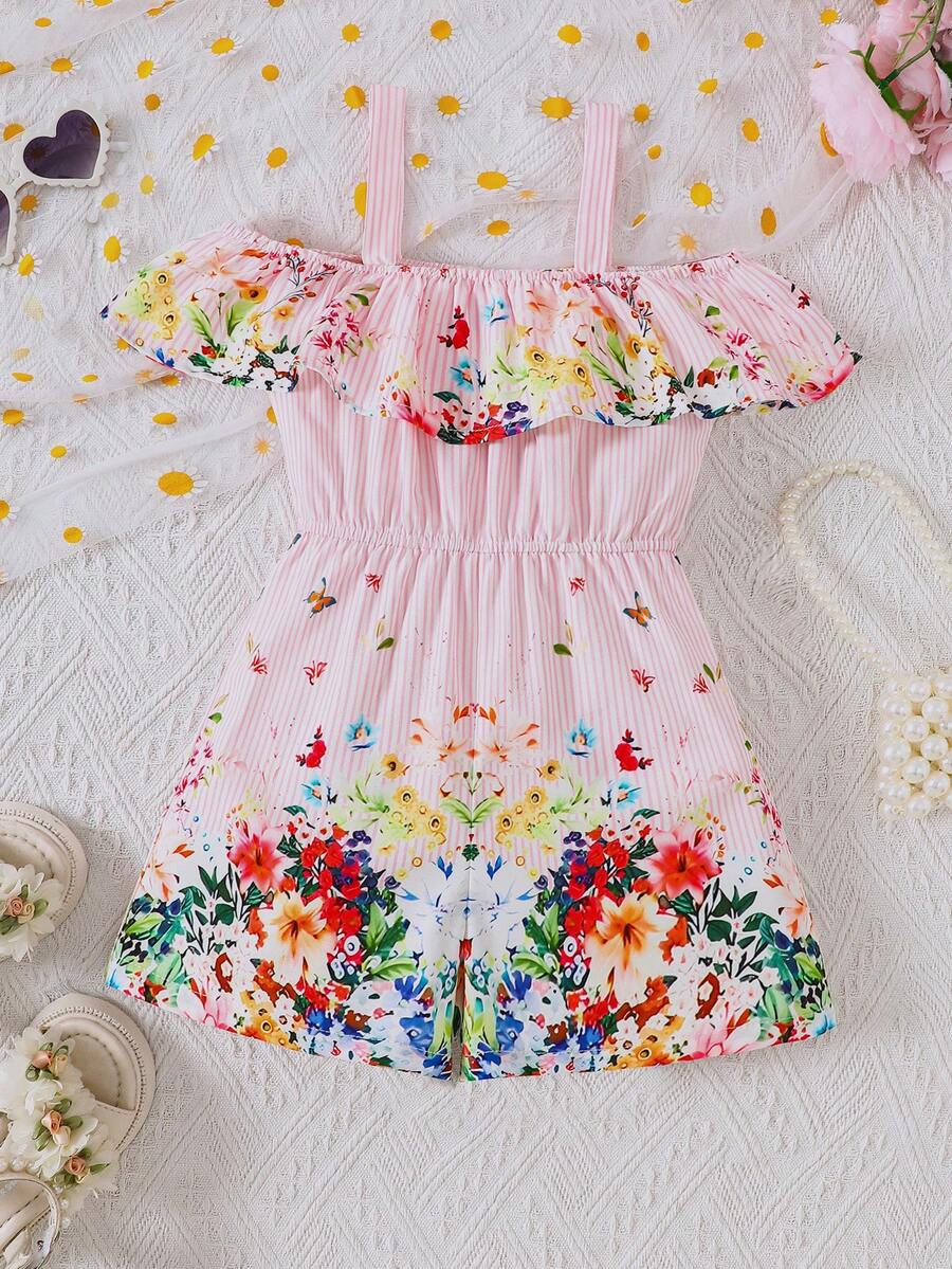 Bộ áo liền quần không tay in họa tiết sọc nhún bèo mùa hè cho bé gái - Hồng - Xem 1