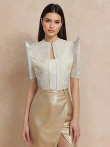 Amyenjoylife 女士现代优雅菲律宾风情休闲泡泡袖衬衫 - 杏色 - 查看 4