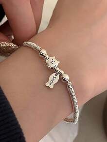 1件 时尚奢华可爱猫咪吃鱼手链，精致高端甜美百搭女士配饰 - 銀色 - 查看 4