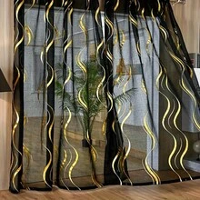 2片波浪纹薄纱窗帘，高端简约3D水波纹箔片薄纱窗帘，杆袋式设计，适用于客厅、办公室、阳台家居装饰 - 黑色 - 查看 13