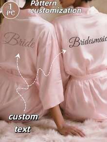 1pc Customized Satin Bride Short Sleeve Robe, Customizable Text, Customized Bride & Bridesmaid Wedding Robe, Personalized Satin Robe, Customized Bride Robe, Bridesmaid Prep Robe, Wedding Party Robe, Lace Trim Robe, Customized Name Robe, Bridal Robe Gift, Bridal Party Gift, Silky Loungewear, Minimalist, Fun, Customized, Unique, Matching Bridesmaid Silky Loungewear Special Bridal Gift, Bestie, Girlfriend, Fashionable Autumn - Multicolor - View 2