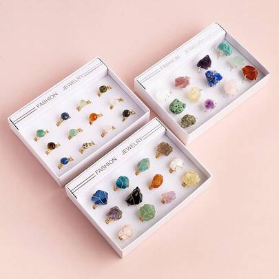 12pcs Natural Crystal Amethyst Raw Stone Ring Box Quartz Minerals Jewelry Quartz Women Fashion Ring Reiki Healing Jewelry Mother's Day Gift