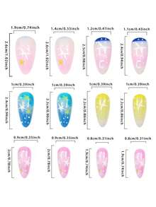 24片星月图案按压式美甲贴片，杏仁形，蓝粉色美甲用品，适合日常佩戴 - 彩色 - 查看 6