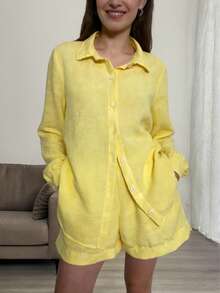 SV Upgrade. Women's Linen Set With Basic Blouse And Casual Shorts - Summer. - New Yellow - View 4