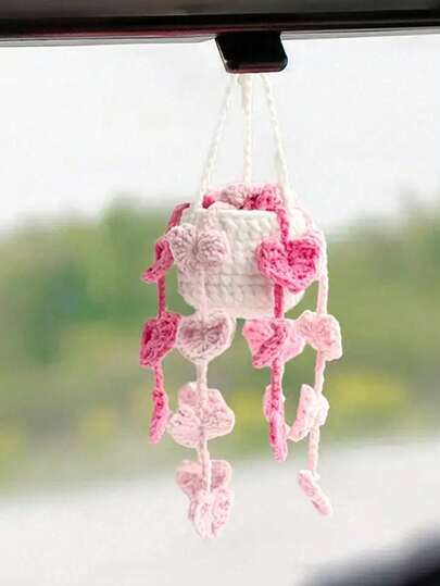 1件手工钩编多肉植物悬挂式花盆汽车后视镜挂饰，创意吊坠