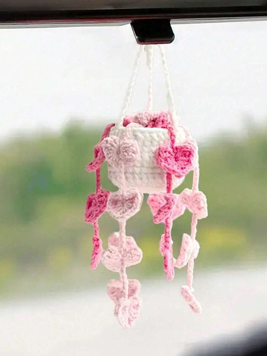1件手工钩编多肉植物悬挂式花盆汽车后视镜挂饰，创意吊坠 - A - 查看 1