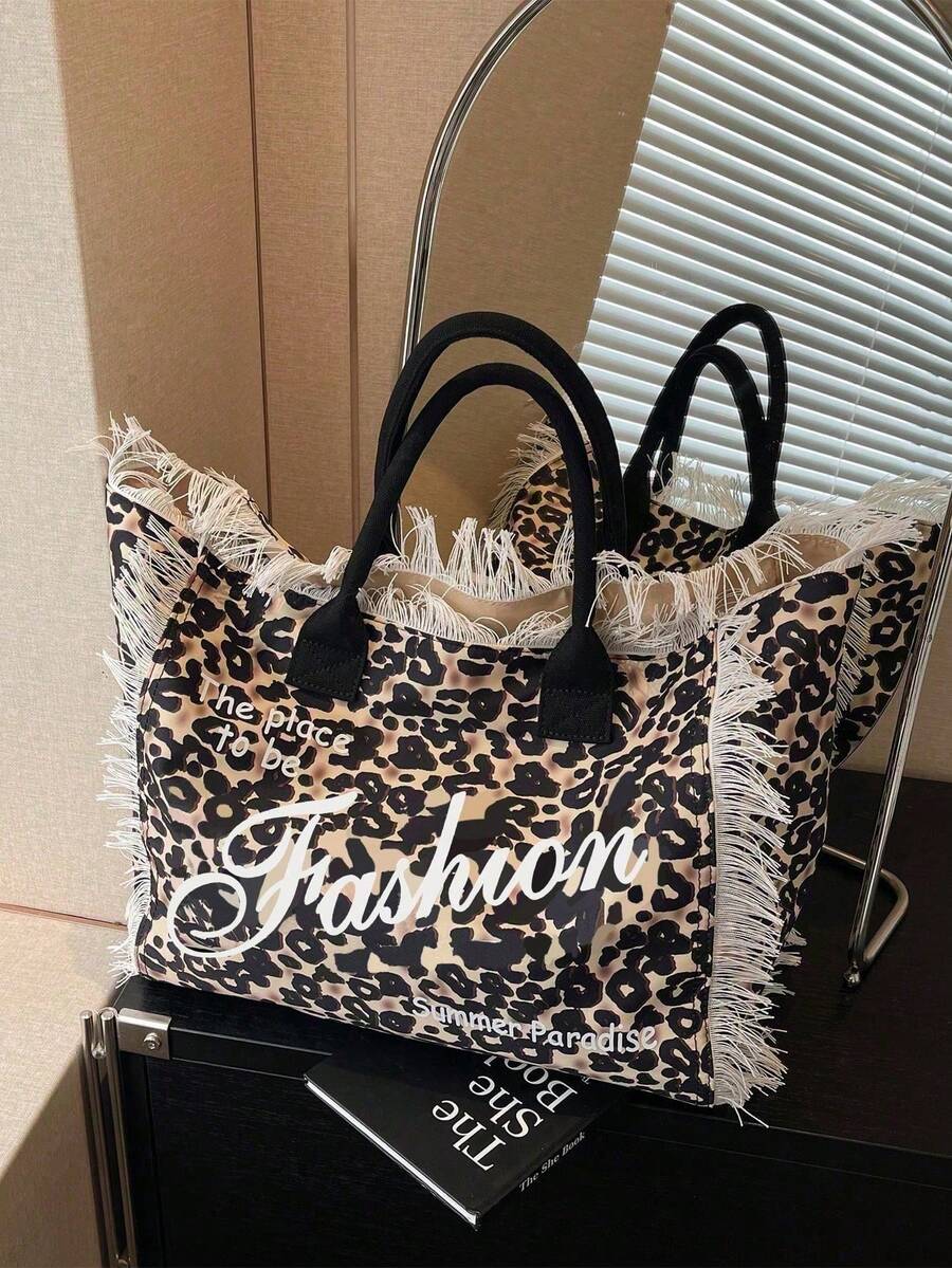 简约时尚帆布条纹手提包，女士单肩包，大容量休闲托特包，豹纹印花流苏装饰，新品上市 - 卡其色 - 查看 1