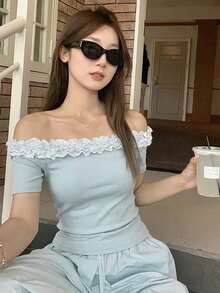 独特设计的层叠荷叶边不对称肩部T恤，女士款，防皱，收腰，修身剪裁，夏季款 - 藍色 - 查看 3