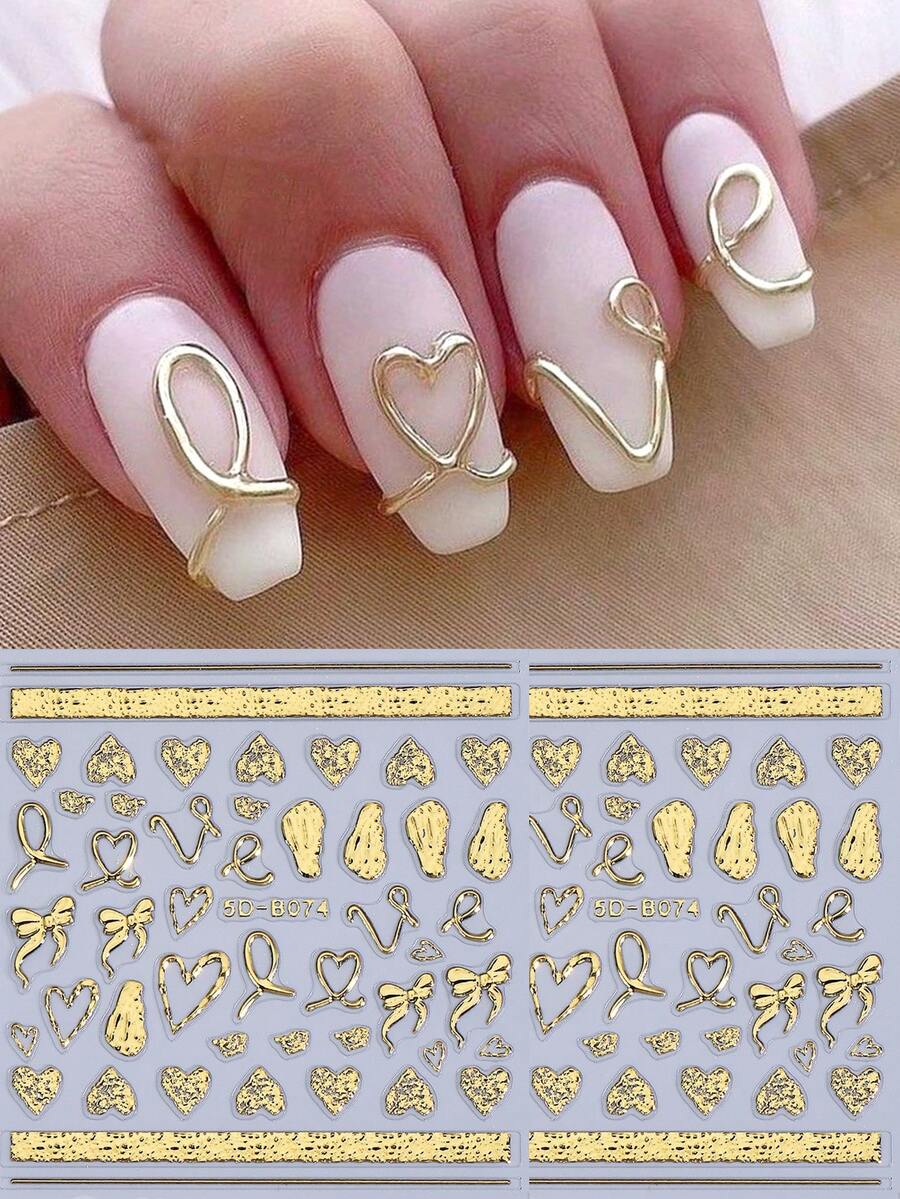 قطعتان ملصقات فن الأظافر مزخرفة بارزة 5D ذهبية بشكل شريط وعقدة قلب، ديكورات أظافر DIY لاصقة لعيد الحب والمناسبات، مستلزمات فن الأظافر للصالونات والاكسسوارات - الذهبي - مشاهدة 1