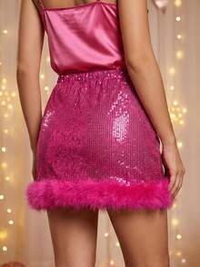 Women Sequin Mini Skirt Y2K High Waist Feather Trim Going Out Micro Mini Skirts Fashion Party Clubwear Streetwear Hot Girls Music Festival Rooftop Bar K-Pop Concert Coachella Vibe Outfits - Hồng - Xem 5