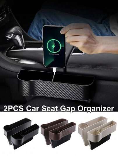 2pcs Car Seat Gap Filler Storage Box, Multifunctional Seat Crevice Organizer With Cup Holder, Side Console Pocket With USB Charger For Phone, Wallet, Keys And Other Car Accessories