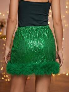 Women Mini Skirt Fashion High Waist Sequin Decor Going Out Short Skirts For Daily Party Club - 綠色 - 查看 5