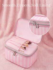 Cute Pink & White Stripe Makeup Bag With Compartments,Nylon Travel Essentials Cosmetic Bag Organizer Toiletry Bag For Women Girls, Simple Pink Portable Storage Bag With Four Different Sizes To Choose From, Suitable For Home Storage, Cosmetics Storage, Cute Appearance, Suitable As A Gift - 手持雙層(粉紅色) - 查看 6