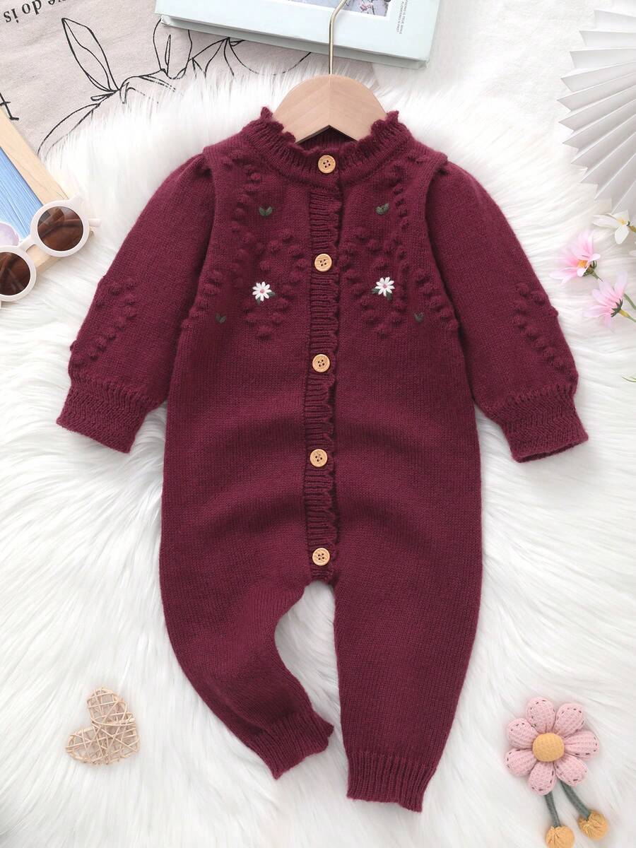 Baby Girl Floral Pattern Loose Knit Romper - Burgundy - View 1
