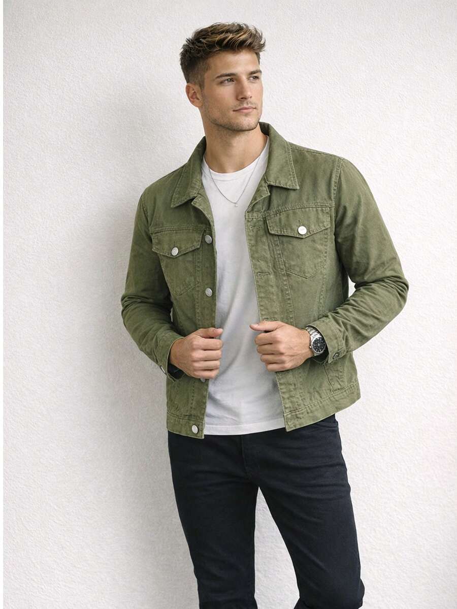 Men's Iron Button Twill Jacket - xanh quân đội - Xem 1