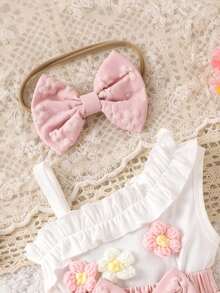 1pc Baby Girl Cute Sweet Asymmetric Neck White Camisole Top Paired With Pink Skirt, Spring/Summer - Pink - View 3