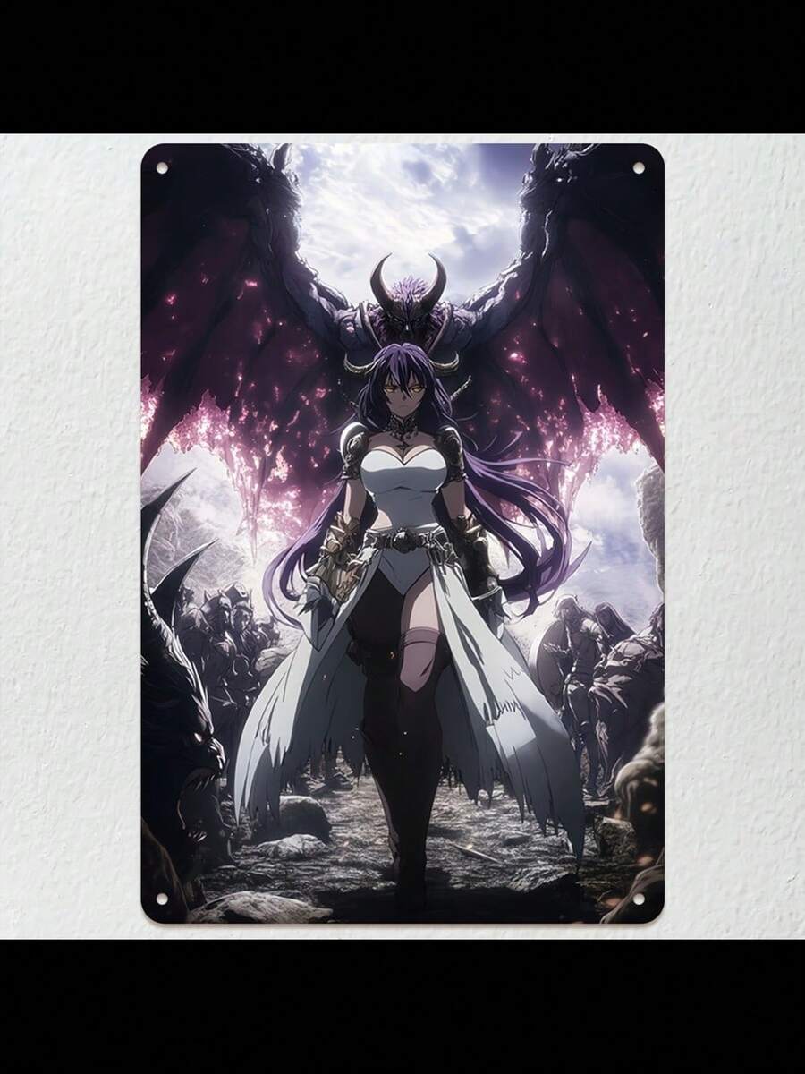 2D Flat, 1pc Overlord Albedo Anime Poster Aluminum Decorative Sign - 8x12 Inch (20x30cm) Frameless 2D Flat Artwork, Vibrant Purple-Haired Character With Black Wings, Dynamic Pose & Fiery Background, Per - 卡通 - 查看 1