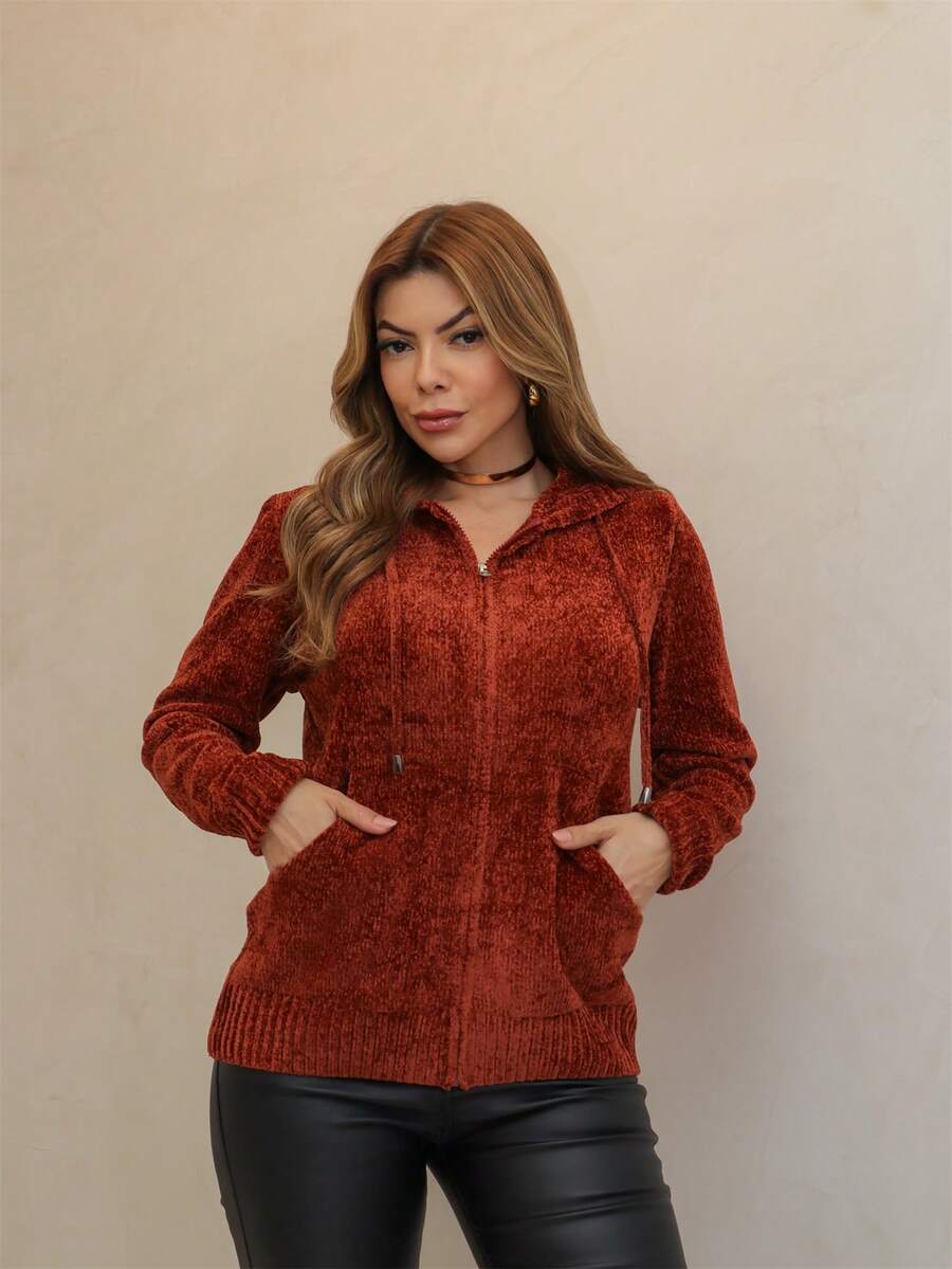 Women's Long Sleeve Hooded Jacket With Zipper, Mousse Winter 3RD SD3023 - Telha - 查看 1