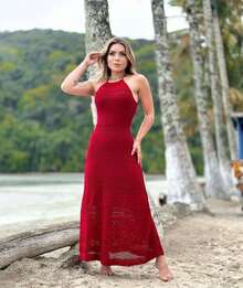 Lace Dress In Modal Knit With Straps, Midi Length, Summer 2026 - 紅色 - 查看 1