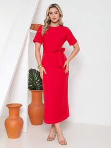 Novo Vestido Longo de Verão com Manga Curta e Cinto Central 2026 - Vermelho - Visão 1