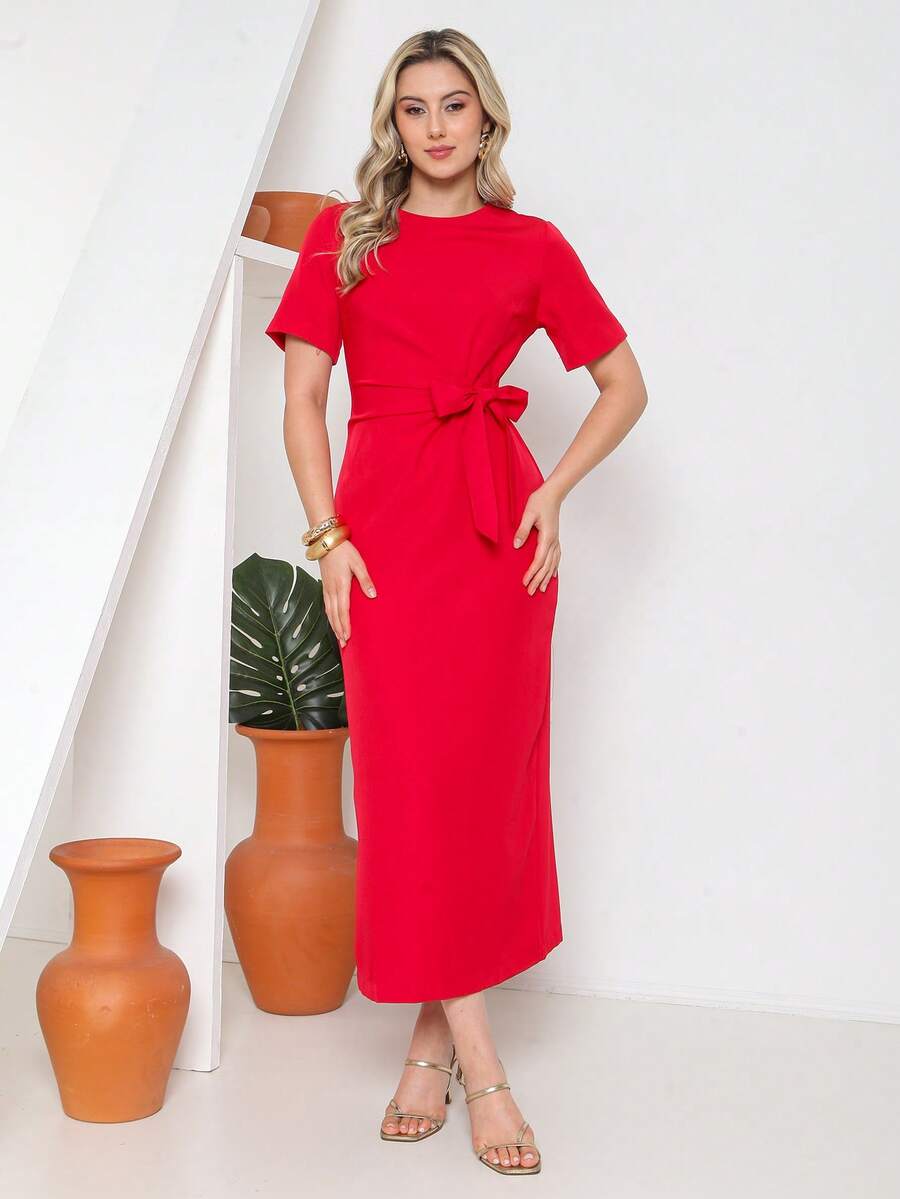 Novo Vestido Longo de Verão com Manga Curta e Cinto Central 2026 - Vermelho - Visão 1