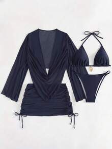 四件套性感纯色比基尼套装，含薄纱罩衫，完美适用于度假、海滩派对，也适合新年和情人节，优雅休闲的夏季女装。 - 藏蓝色 - 查看 5