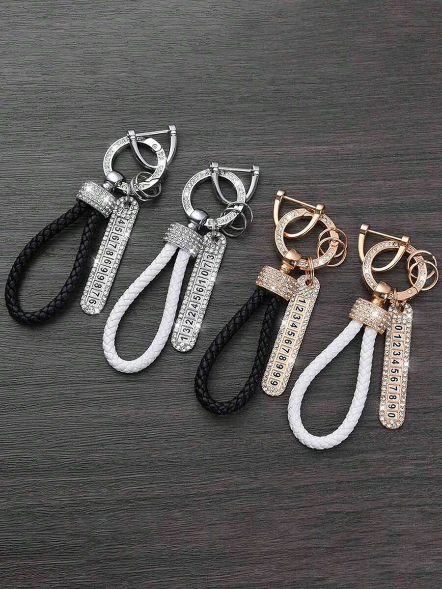 1pc Braided Rope Rhinestone Keychain, Finger Ring Lanyard, Car Key Chain Holder - Diamond-studded Weave - View 1