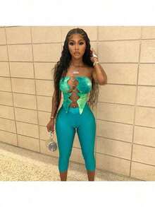 Conjunto de tres piezas con top de pecho hueco con puntada impresa en 3D y pantalones para mujer, para primavera y verano - Verde - Ver 7