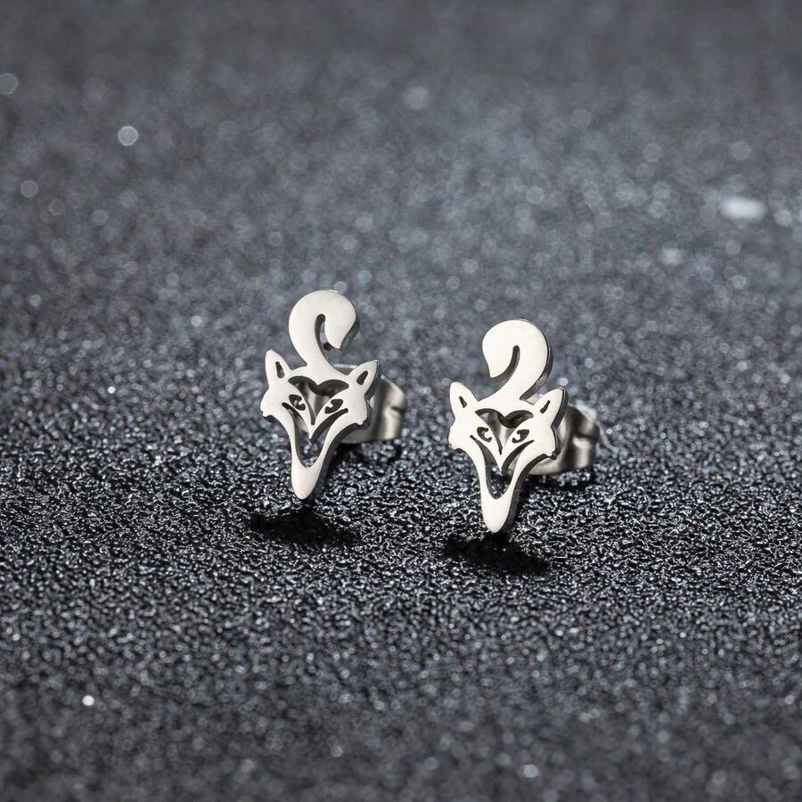 1对时尚不锈钢金色鹿头鹿角耳钉，动物造型耳环，女士简约精致首饰DIY - 黑色 - 查看 1